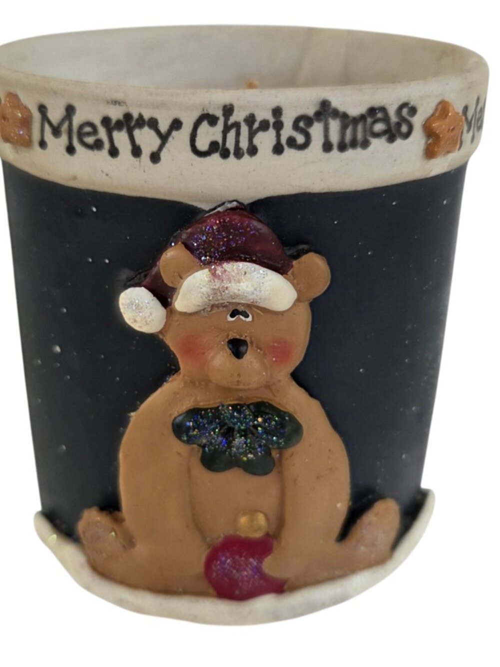 MERRY CHRISTMAS Santa Teddy Bear Candle 1 Wick Ceramic 3D 3 3/4" Tall